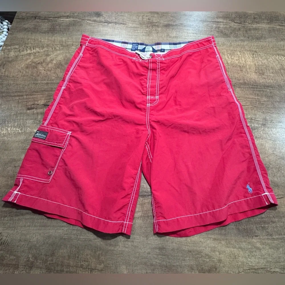 Vintage Polo Ralph Lauren Lined Swim Trunks Board Shorts Red Pockets Mens XXL - Picture 1 of 11